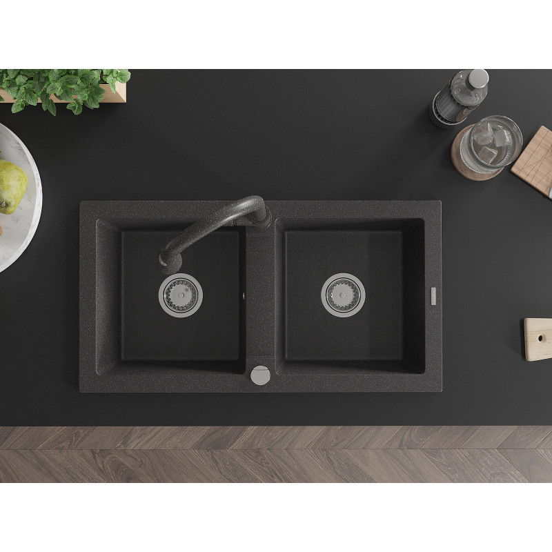 Mexen Mario 2-chamber granite sink with Elia kitchen tap, black speckled - 6504-76-670101-76