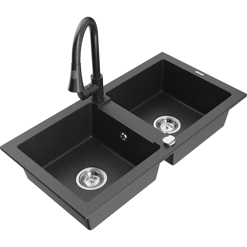 Mexen Mario 2-compartment granite sink with a kitchen mixer tap Elia, spotted black - 6504-76-670101-76