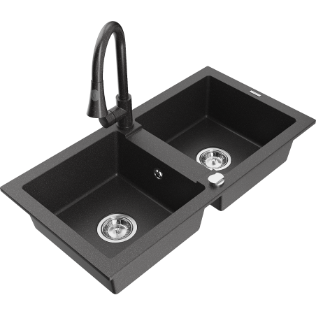 Mexen Mario 2-bowl granite sink with Elia kitchen faucet, black speckled - 6504-76-670101-76