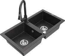 Mexen Mario 2-bowl granite sink with Elia kitchen faucet, black speckled - 6504-76-670101-76