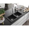 Mexen Mario granite sink 2-bowl with Elia kitchen tap, black - 6504-77-670101-00