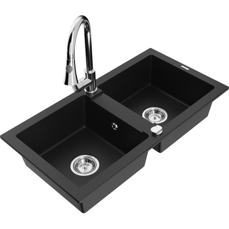 Mexen Mario granite double-bowl sink with Elia kitchen faucet, black - 6504-77-670101-00
