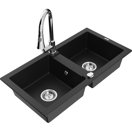 Mexen Mario granite sink 2-bowl with Elia kitchen tap, black - 6504-77-670101-00