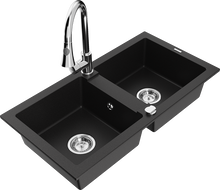Mexen Mario granite double-bowl kitchen sink with Elia faucet, black - 6504-77-670101-00