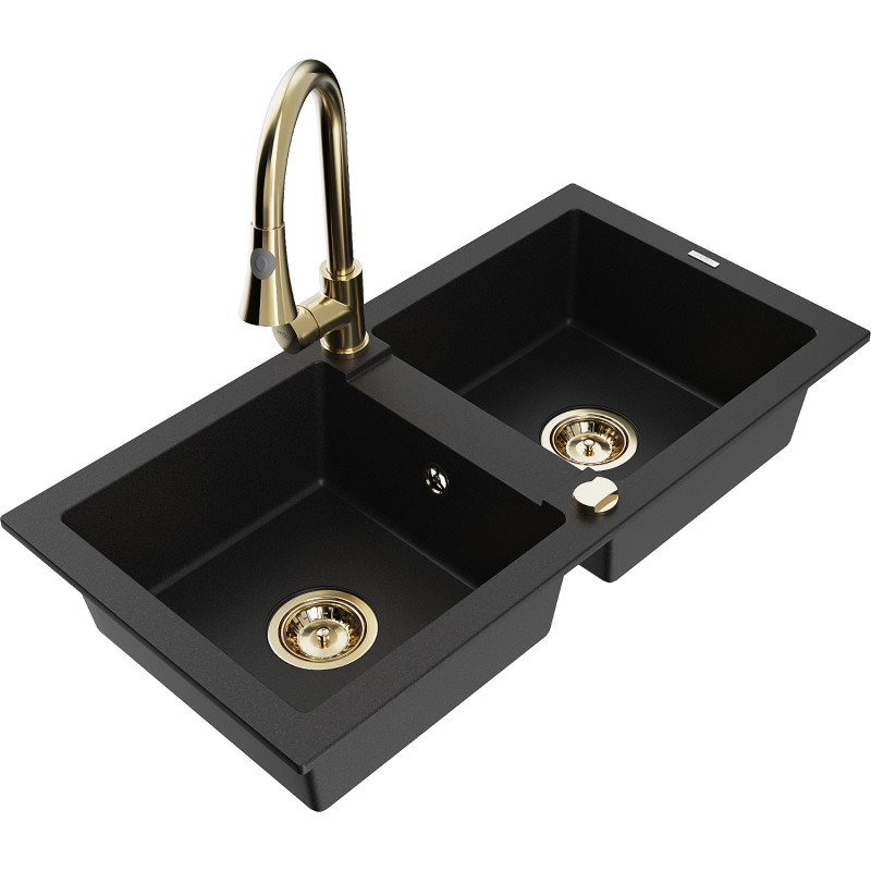 Mexen Mario granite double bowl sink with Elia kitchen faucet, black - 6504-77-670101-50