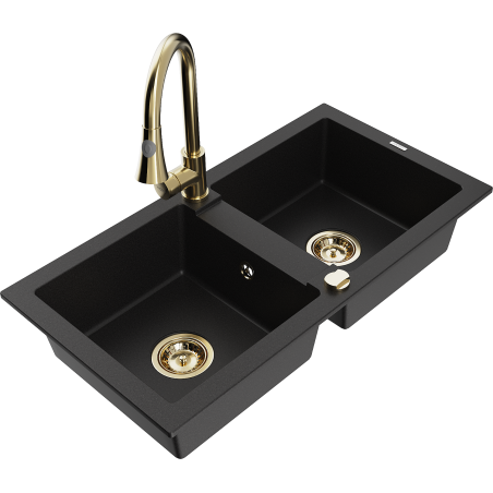 Mexen Mario granite double bowl sink with Elia kitchen faucet, black - 6504-77-670101-50