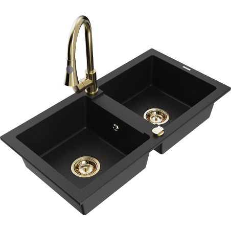 Mexen Mario granite sink 2-bowl with Elia kitchen tap, black - 6504-77-670101-50