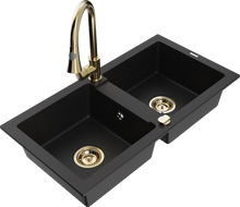 Mexen Mario granite sink 2-bowl with Elia kitchen tap, black - 6504-77-670101-50