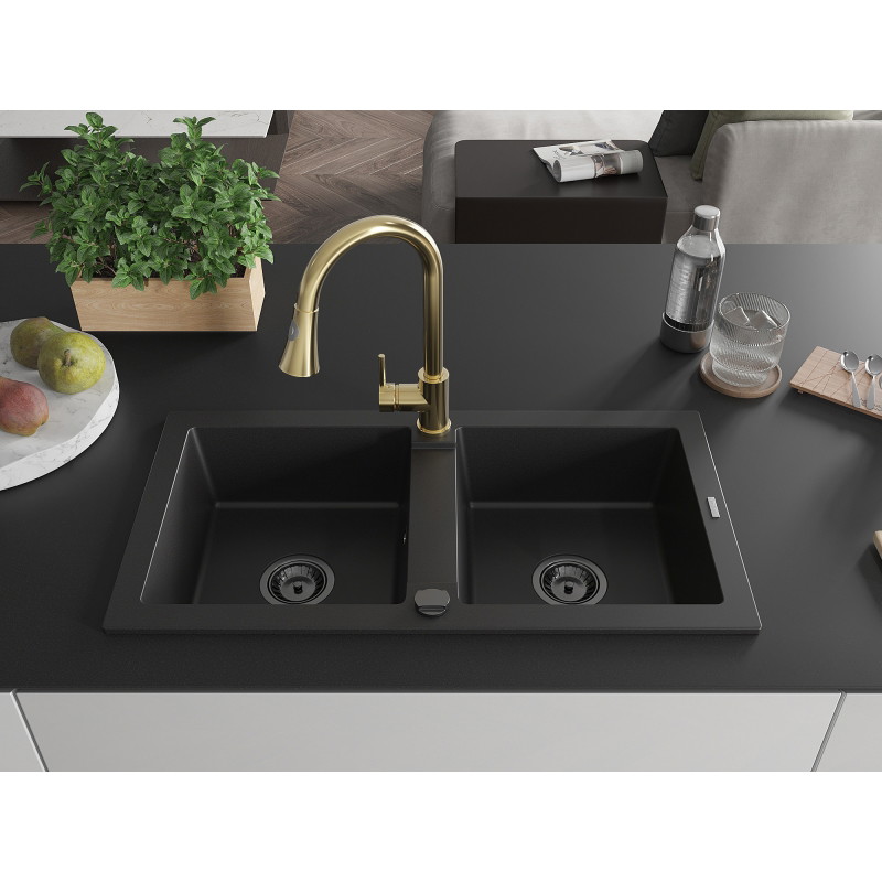 Mexen Mario 2-Bowl Granite Sink with Elia Kitchen Faucet, Black - 6504-77-670101-50-B