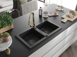 Mexen Mario 2-bowl granite sink with Elia kitchen faucet, black - 6504-77-670101-50-B