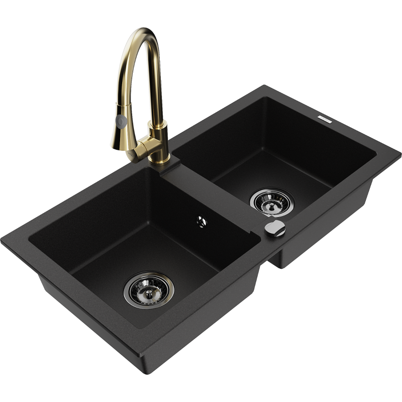 Mexen Mario 2-bowl granite kitchen sink with Elia kitchen tap, black - 6504-77-670101-50-B