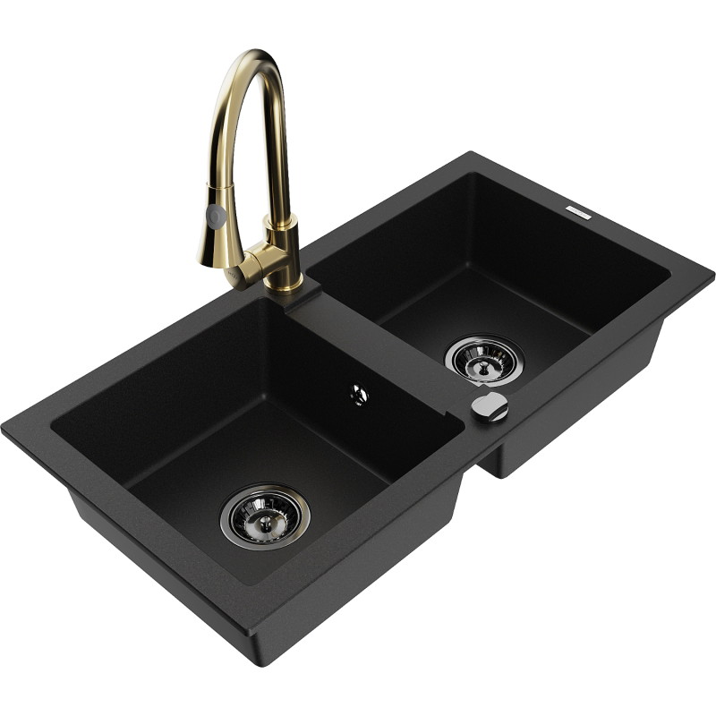 Mexen Mario 2-Bowl Granite Sink with Elia Kitchen Faucet, Black - 6504-77-670101-50-B