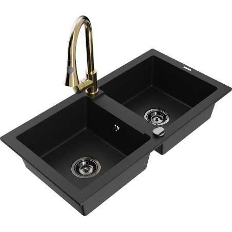 Mexen Mario 2-bowl granite kitchen sink with Elia kitchen tap, black - 6504-77-670101-50-B