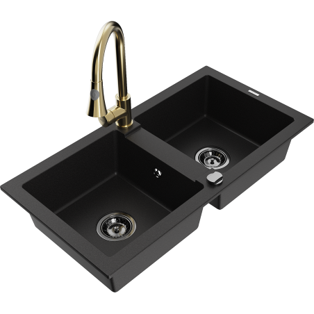 Mexen Mario 2-Bowl Granite Sink with Elia Kitchen Faucet, Black - 6504-77-670101-50-B