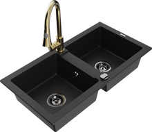 Mexen Mario 2-bowl granite sink with Elia kitchen faucet, black - 6504-77-670101-50-B