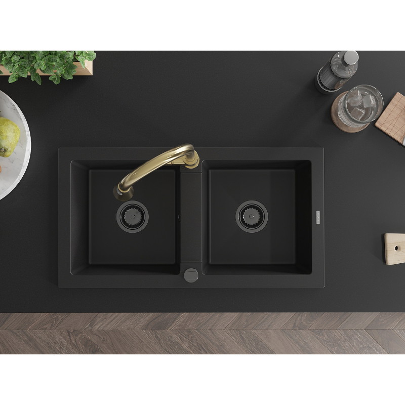 Mexen Mario 2-Bowl Granite Sink with Elia Kitchen Faucet, Black - 6504-77-670101-50-B