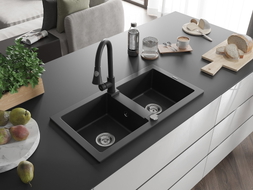 Mexen Mario granite double bowl kitchen sink with Elia faucet, black - 6504-77-670101-70