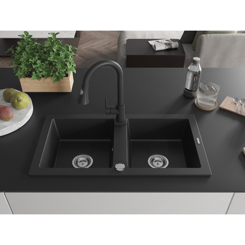 Mexen Mario granite double bowl kitchen sink with Elia faucet, black - 6504-77-670101-70