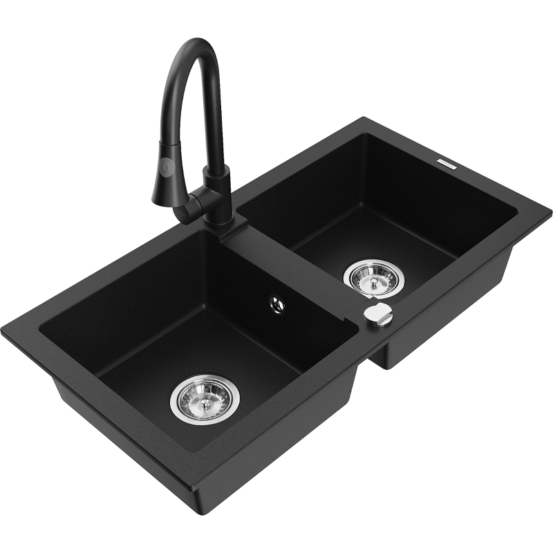 Mexen Mario 2-compartment granite sink with a kitchen mixer tap Elia, Black - 6504-77-670101-70