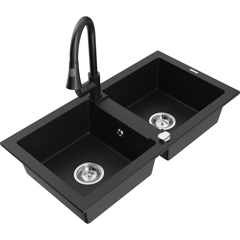 Mexen Mario granite double-bowl sink with Elia kitchen faucet, black - 6504-77-670101-70
