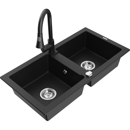 Mexen Mario granite double bowl kitchen sink with Elia faucet, black - 6504-77-670101-70