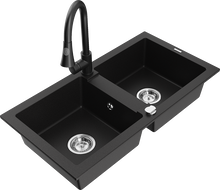 Mexen Mario granite double bowl kitchen sink with Elia faucet, black - 6504-77-670101-70