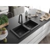Mexen Mario granite sink 2-bowl with Elia kitchen tap, black - 6504-77-670101-70-B