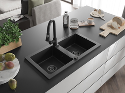 Mexen Mario granite sink 2-bowl with Elia kitchen tap, black - 6504-77-670101-70-B
