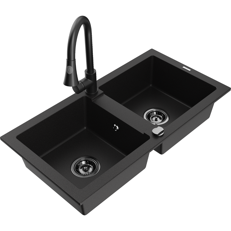 Mexen Mario 2-compartment granite sink with a kitchen mixer tap Elia, Black - 6504-77-670101-70-B