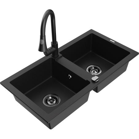 Mexen Mario granite double-basin sink with Elia kitchen faucet, black - 6504-77-670101-70-B