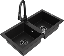 Mexen Mario granite sink 2-bowl with Elia kitchen tap, black - 6504-77-670101-70-B