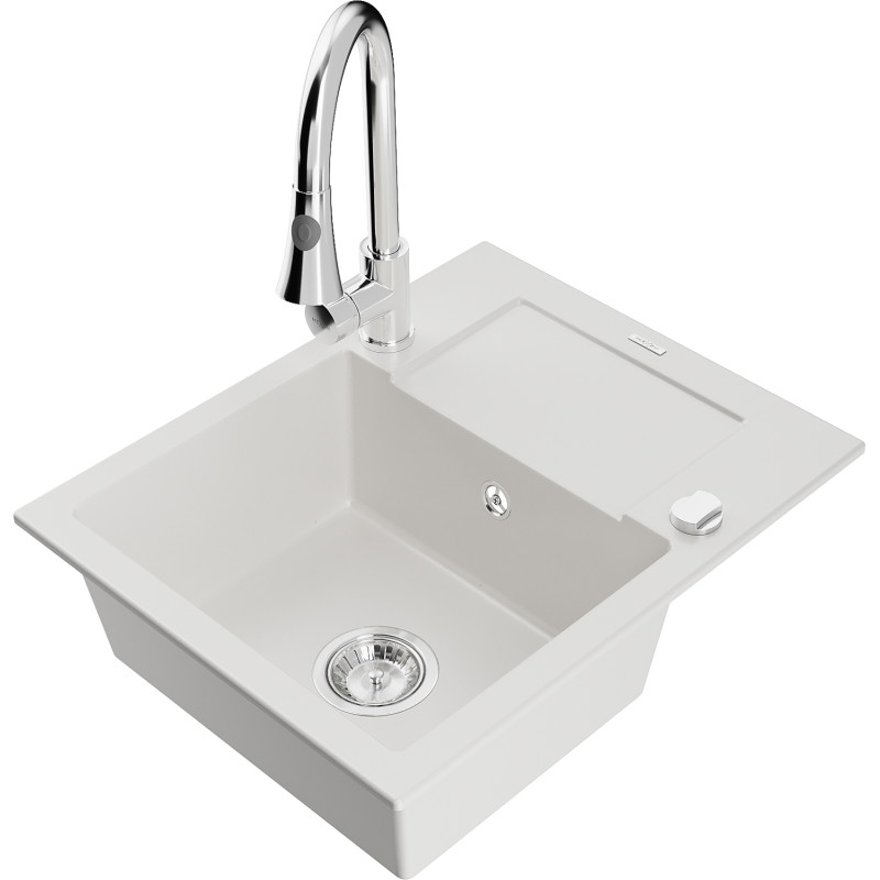 Mexen Enzo granite 1-bowl sink with drainer and Elia kitchen faucet, white - 6506-20-670101-00
