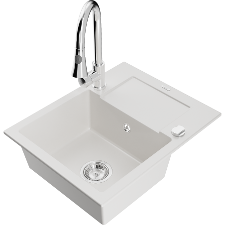 Mexen Enzo 1-bowl granite sink with drainer and Elia kitchen faucet, white - 6506-20-670101-00