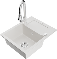 Mexen Enzo 1-compartment granite sink with a drip tray and kitchen mixer tap Elia, White - 6506-20-670101-00