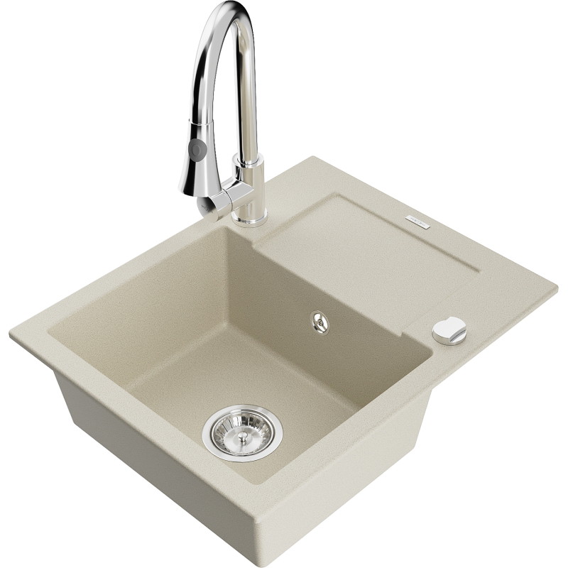 Mexen Enzo 1-bowl granite sink with drainer and Elia kitchen faucet, beige - 6506-69-670101-00