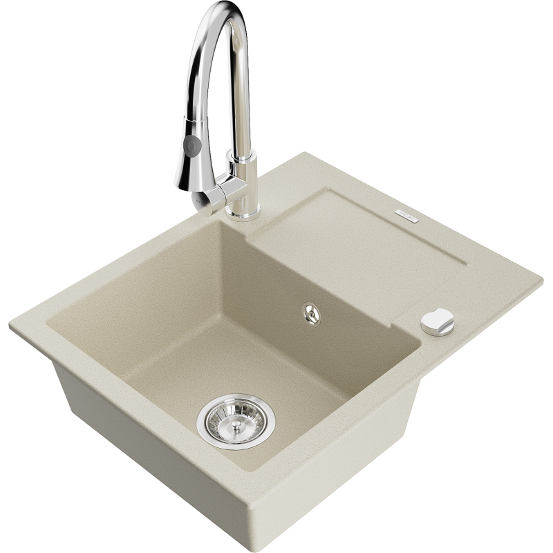 Mexen Enzo 1-compartment granite sink with a drip tray and kitchen mixer tap Elia, Beige - 6506-69-670101-00