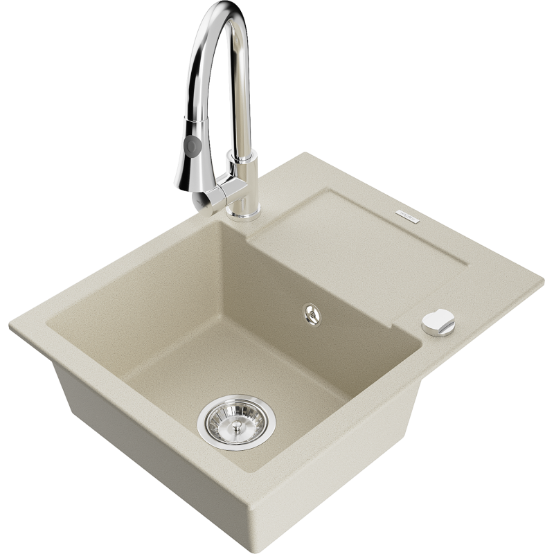 Mexen Enzo granite sink 1-bowl with drainer and Elia kitchen tap set, beige - 6506-69-670101-00