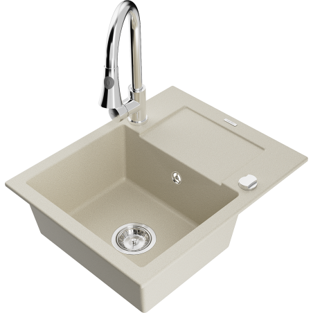 Mexen Enzo 1-bowl granite sink with drainer and Elia kitchen faucet, beige - 6506-69-670101-00