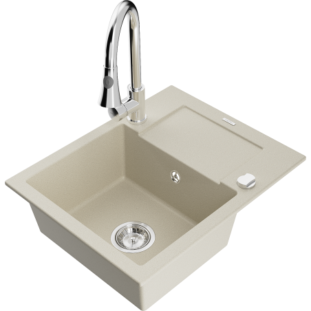 Mexen Enzo granite sink 1-bowl with drainer and Elia kitchen tap set, beige - 6506-69-670101-00
