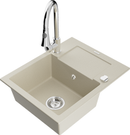 Mexen Enzo 1-compartment granite sink with a drip tray and kitchen mixer tap Elia, Beige - 6506-69-670101-00