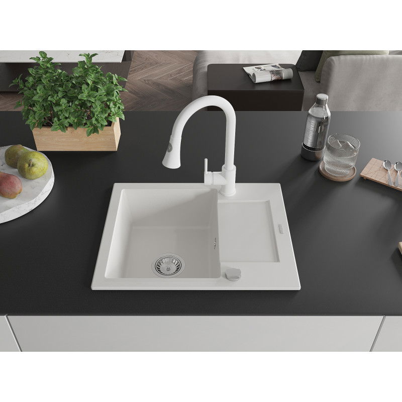 Mexen Enzo granite sink 1-bowl with drainer and Elia kitchen tap, white - 6506-20-670101-20