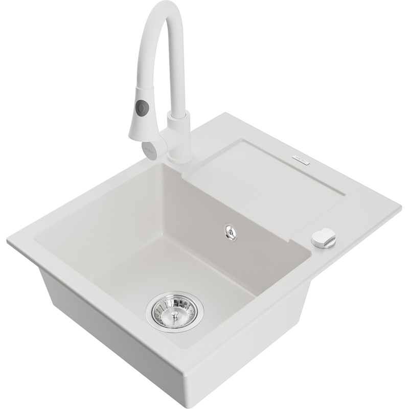 Mexen Enzo granite kitchen sink 1-bowl with drainer and kitchen faucet Elia, white - 6506-20-670101-20