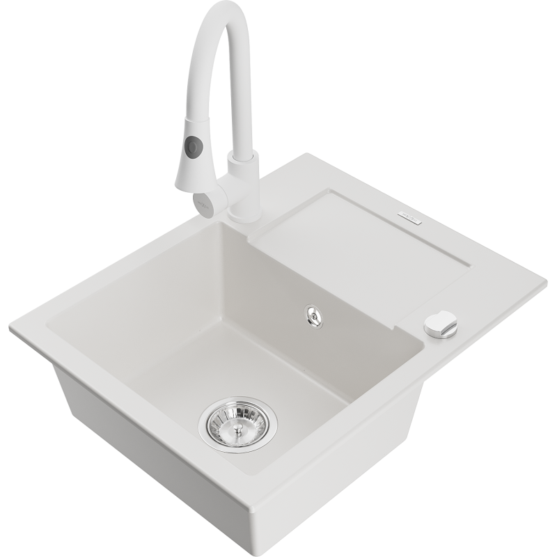 Mexen Enzo granite sink 1-bowl with drainer and Elia kitchen tap, white - 6506-20-670101-20
