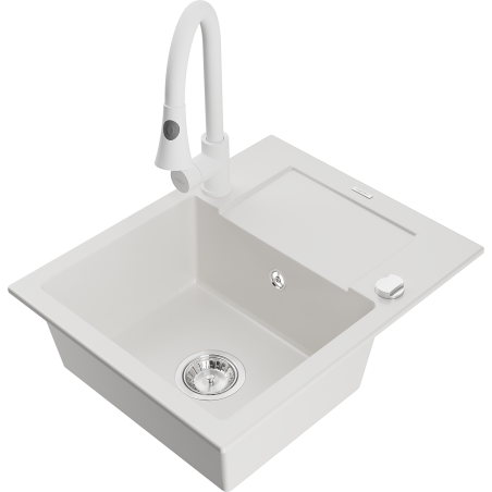 Mexen Enzo 1-compartment granite sink with a drip tray and kitchen mixer tap Elia, White - 6506-20-670101-20