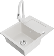 Mexen Enzo single-bowl granite sink with drainer and Elia kitchen faucet, white - 6506-20-670101-20