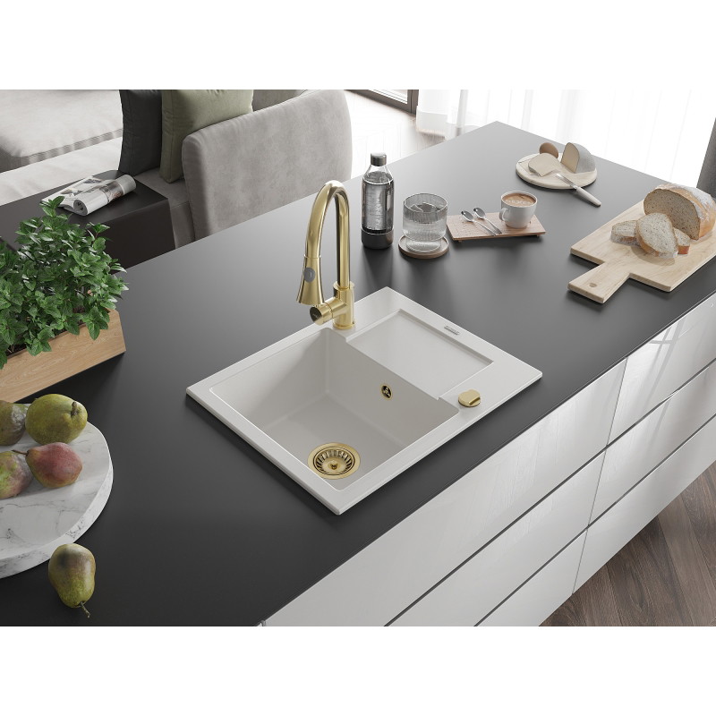 Mexen Enzo 1-bowl granite sink with drainer and kitchen faucet Elia, white - 6506-20-670101-50