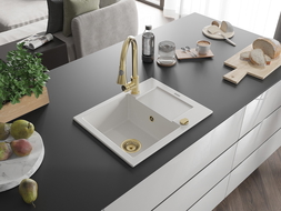 Mexen Enzo 1-compartment granite sink with a drip tray and kitchen mixer tap Elia, White - 6506-20-670101-50