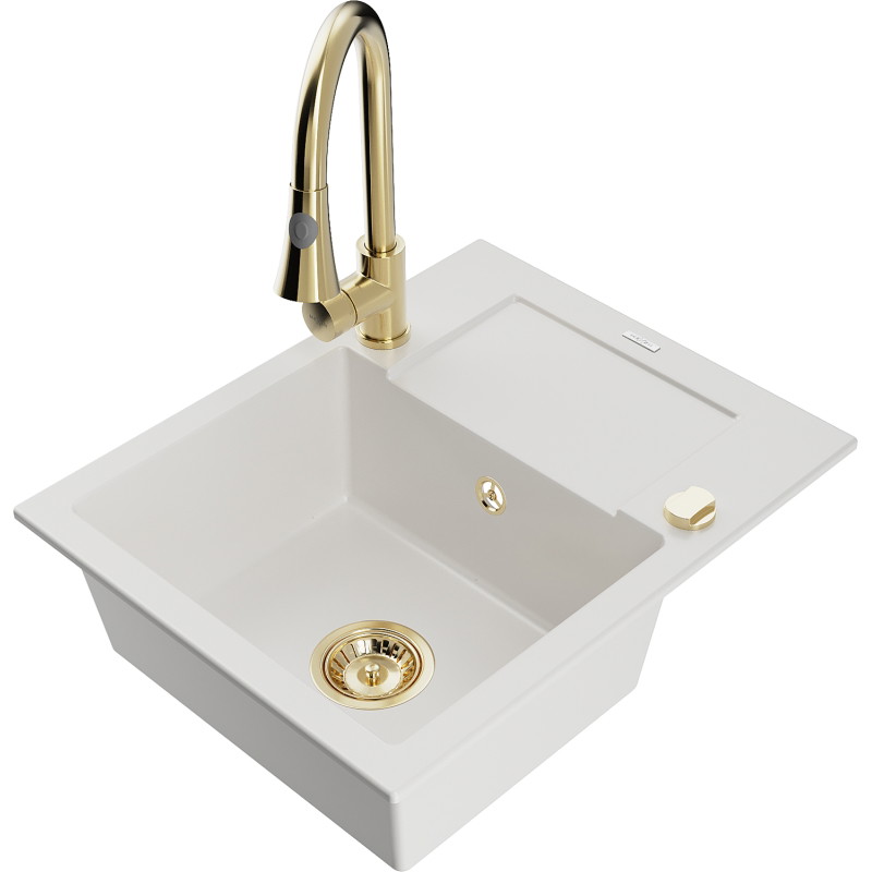 Mexen Enzo 1-bowl granite sink with drainer and Elia kitchen faucet, white - 6506-20-670101-50