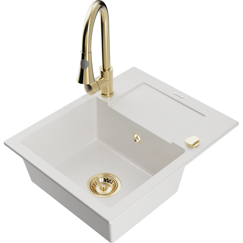 Mexen Enzo 1-bowl granite sink with drainer and Elia kitchen tap, white - 6506-20-670101-50