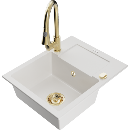 Mexen Enzo 1-bowl granite sink with drainer and Elia kitchen tap, white - 6506-20-670101-50